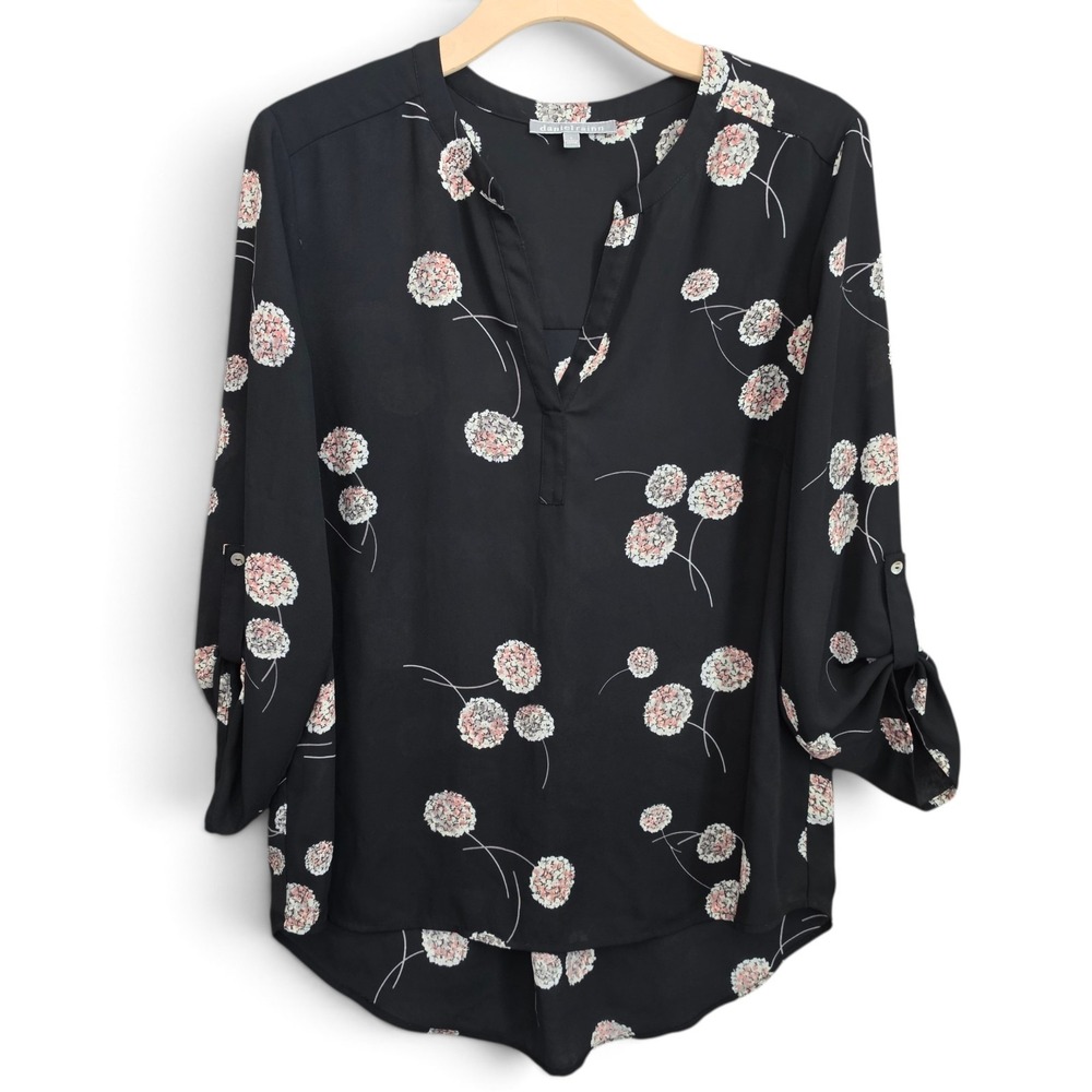 Daniel Rainn Top Womens Large Black Koda Split Neck Dandelion Blouse Semi Sheer